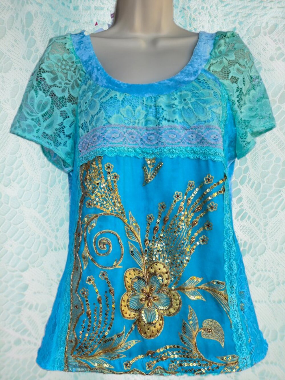 Handmade Sky Blue Stretch Velvet Top Gold Embroidery Romantic Boho Fairycore